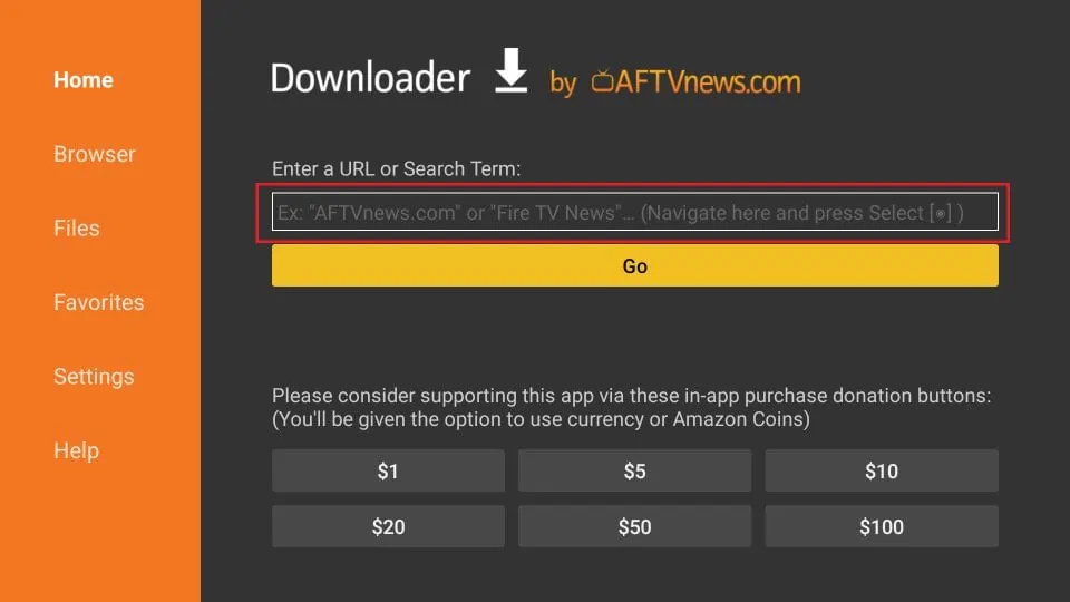 Downloader-App-Startseite auf dem Firestick mit URL-Eingabefeld zum Herunterladen von IPTV Smarters.