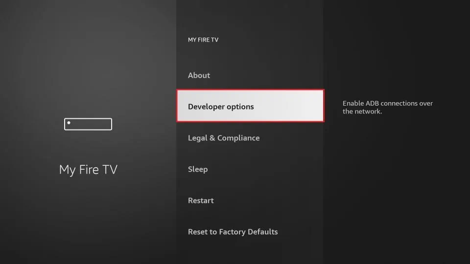Amazon Firestick 'Mein Fire TV'-Einstellungsmenü mit hervorgehobener Option 'Entwickleroptionen' zur Aktivierung von ADB-Verbindungen.