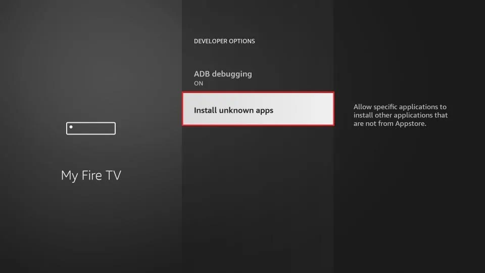 Amazon Firestick-Entwickleroptionen mit hervorgehobener Option 'Unbekannte Apps installieren', um die Installation von Drittanbieter-Apps zu erlauben.