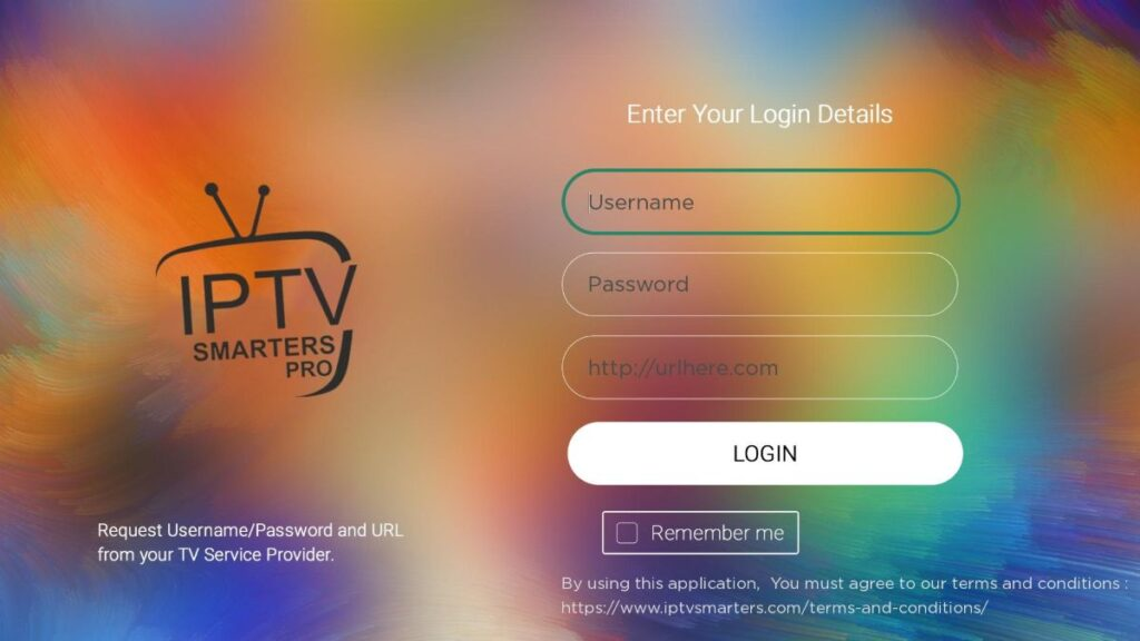 IPTV Smarters Pro Anmeldebildschirm mit Feldern für Benutzername, Passwort und Server-URL.