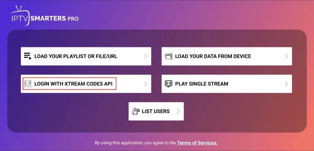 IPTV Smarters Pro Startbildschirm mit Get Xtreme IPTV-Einrichtungsoptionen, einschließlich Xtream Codes API, M3U-Wiedergabeliste und Einzelstream.