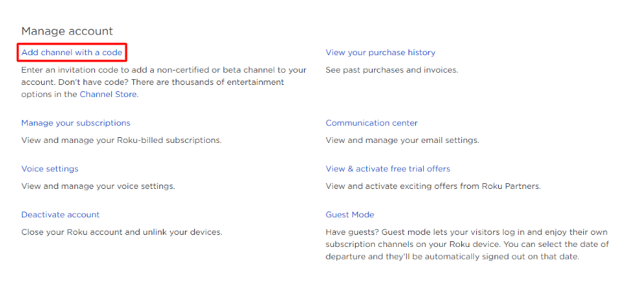 Roku-Kontoverwaltungsseite mit der Option, einen Kanal mit einem Code hinzuzufügen.