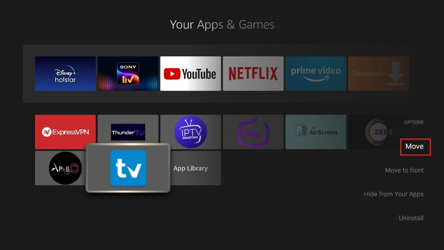 Verschieben Sie den TiviMate IPTV Player auf dem Firestick an eine bequemere Position für einen schnellen Zugriff. Wählen Sie dazu die Option „Verschieben“ auf der rechten Seite.